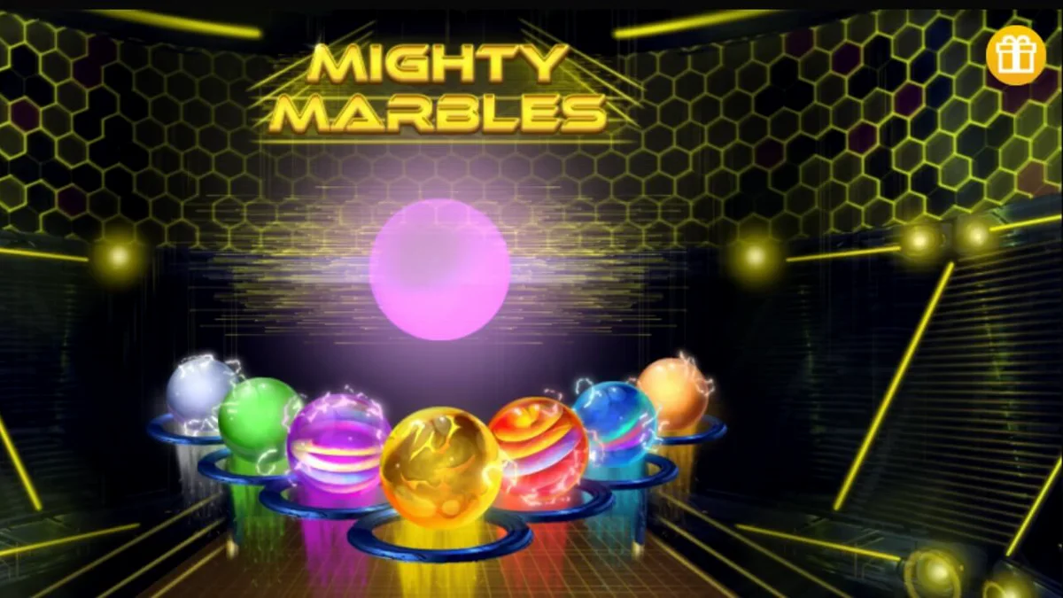 Interface neon do slot Mighty Marbles com esferas cósmicas