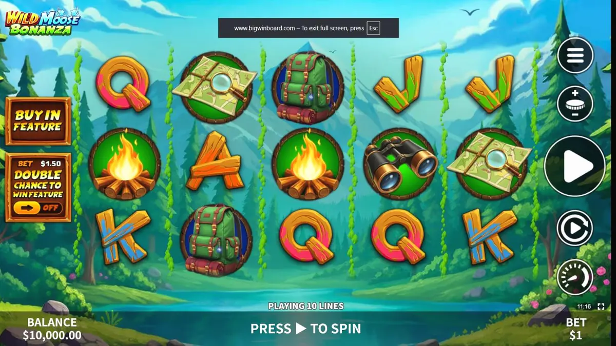 Interface do jogo Wild Moose Bonanza com temática de floresta e alces